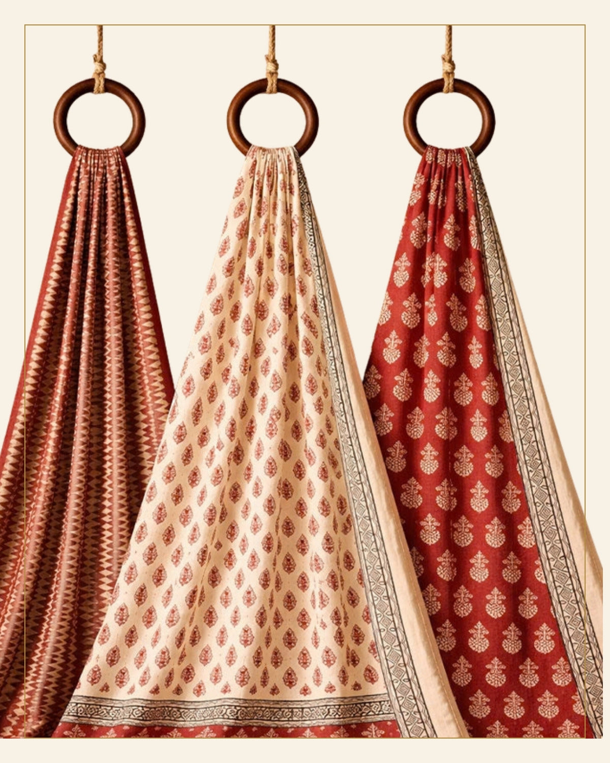 Hand block-printed Bagh fabrics hanging on wooden rings