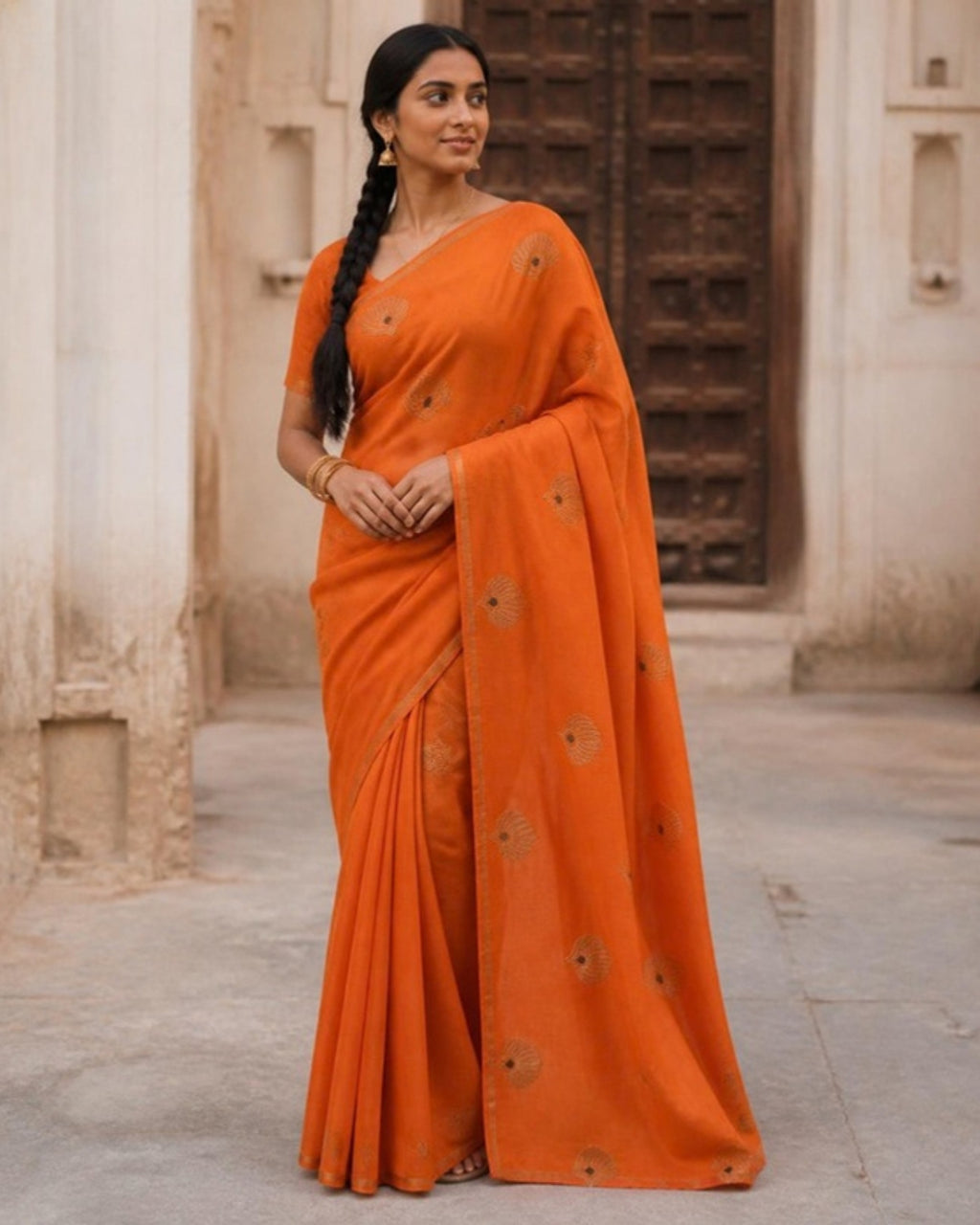 Styled image: model wearing the Haldi Chanderi Silk & Cotton Saree with Meena Butis