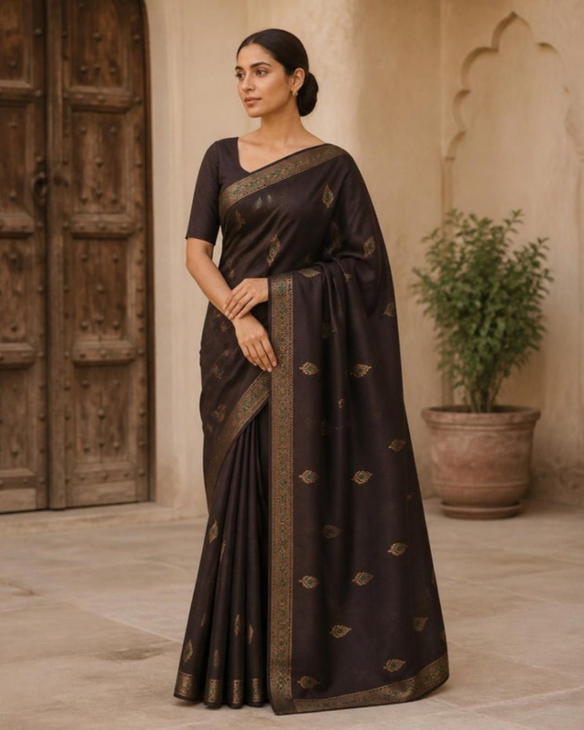Styled image: model wearing the Shyam Chanderi Silk & Cotton Saree with Meena Butis