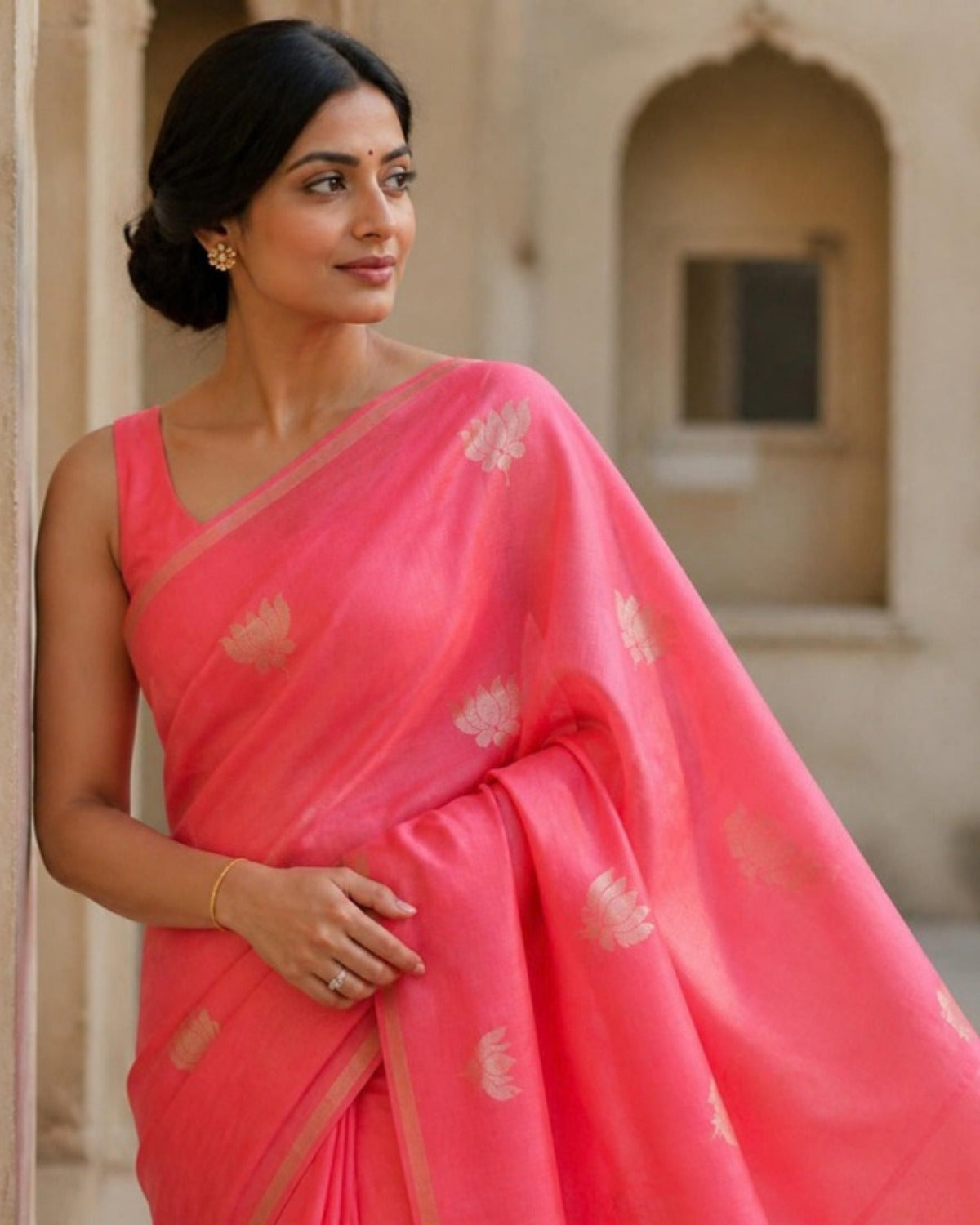 Styled image: Gulabi Chanderi Silk & Cotton Saree, pallu view
