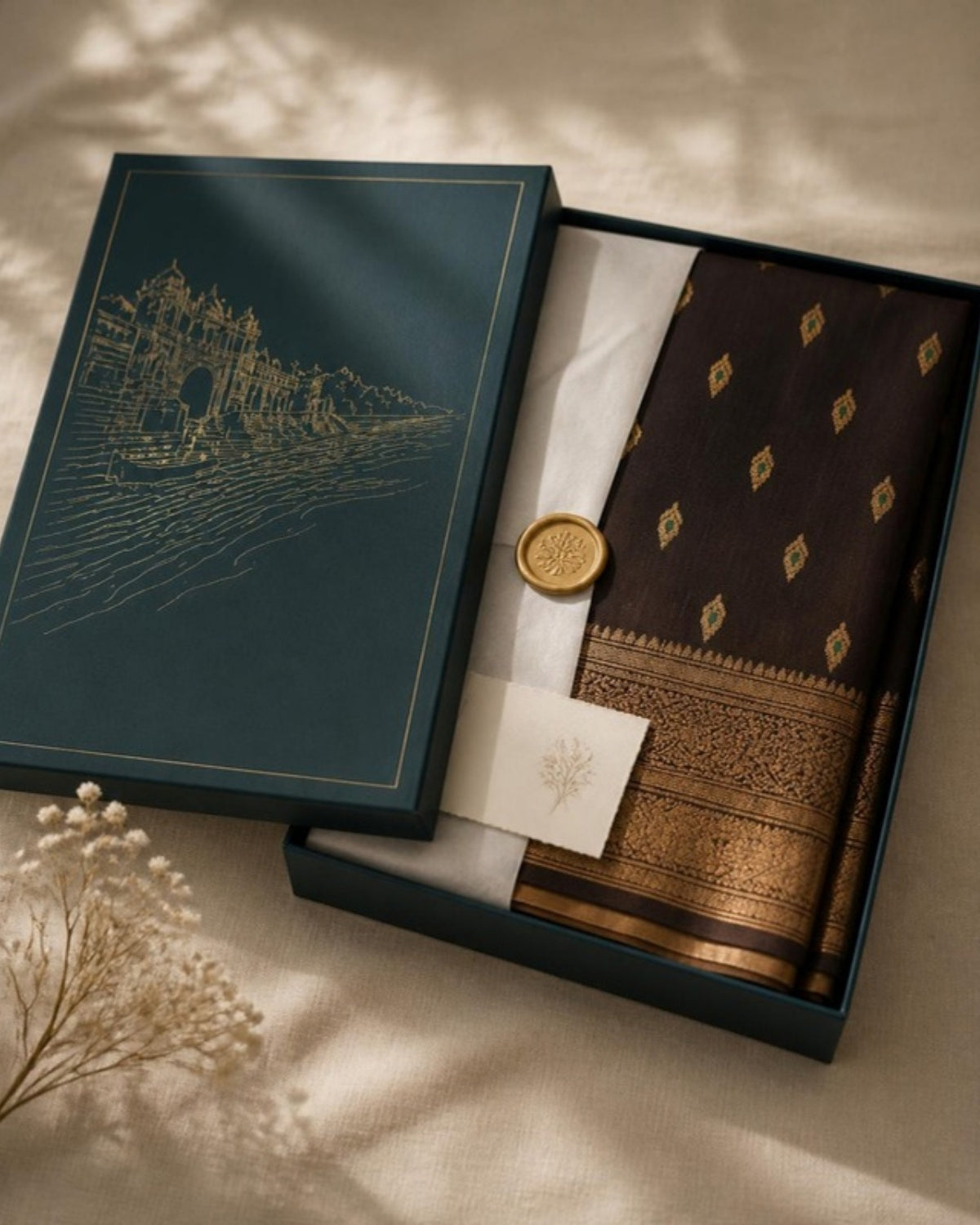 Shyam Chanderi Silk & Cotton Saree with Meena Butis — in the Saptadhārā Narmada box