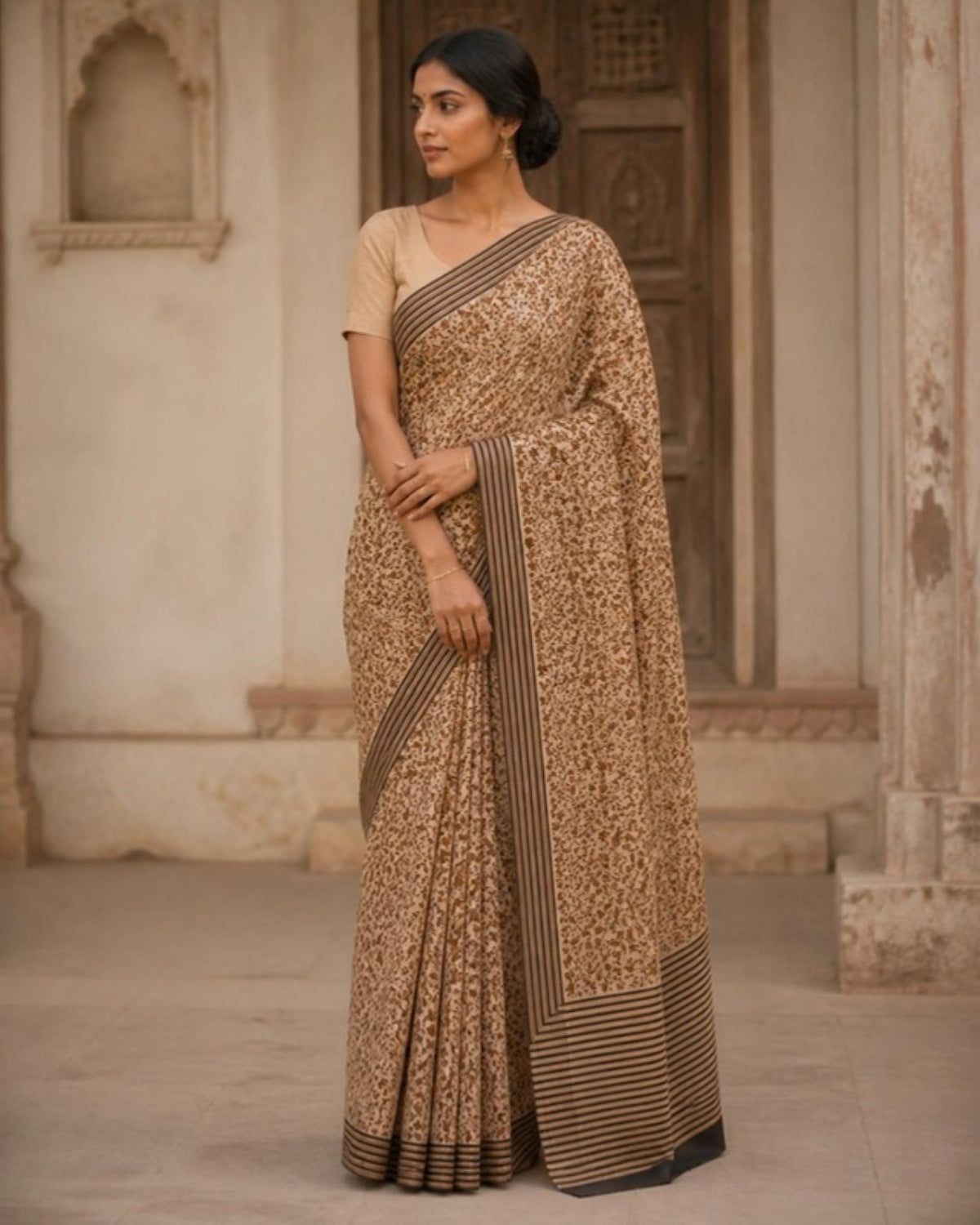 Styled image: model wearing the Shyam Bagh Print Cotton Saree