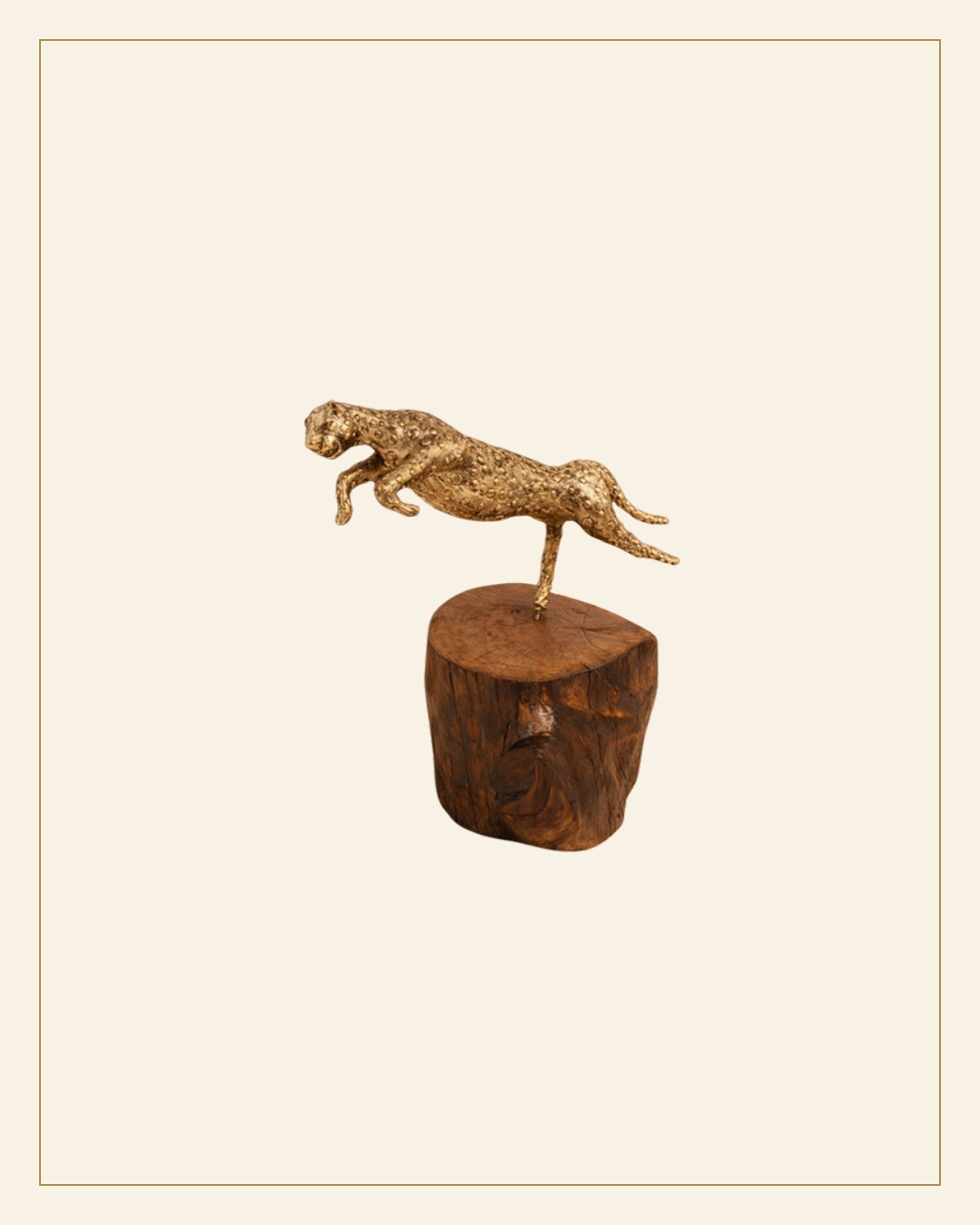 Handcrafted Brass Cheetah Hunting Scene showpiece on Natural Wood Base – Tribal Metal Artefact — Saptadhārā