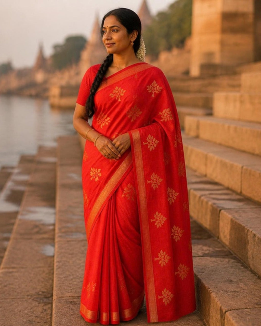 Styled image: model wearing the Sindoori Chanderi Silk & Cotton Saree