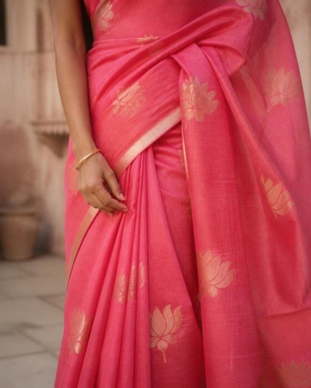 Styled image: Gulabi Chanderi Silk & Cotton Saree, border and pleats