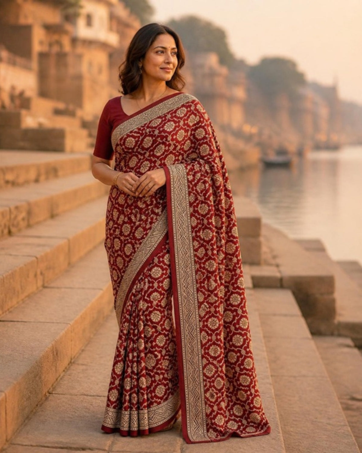 Styled image: model wearing the Kattha Bagh Print Cotton Saree