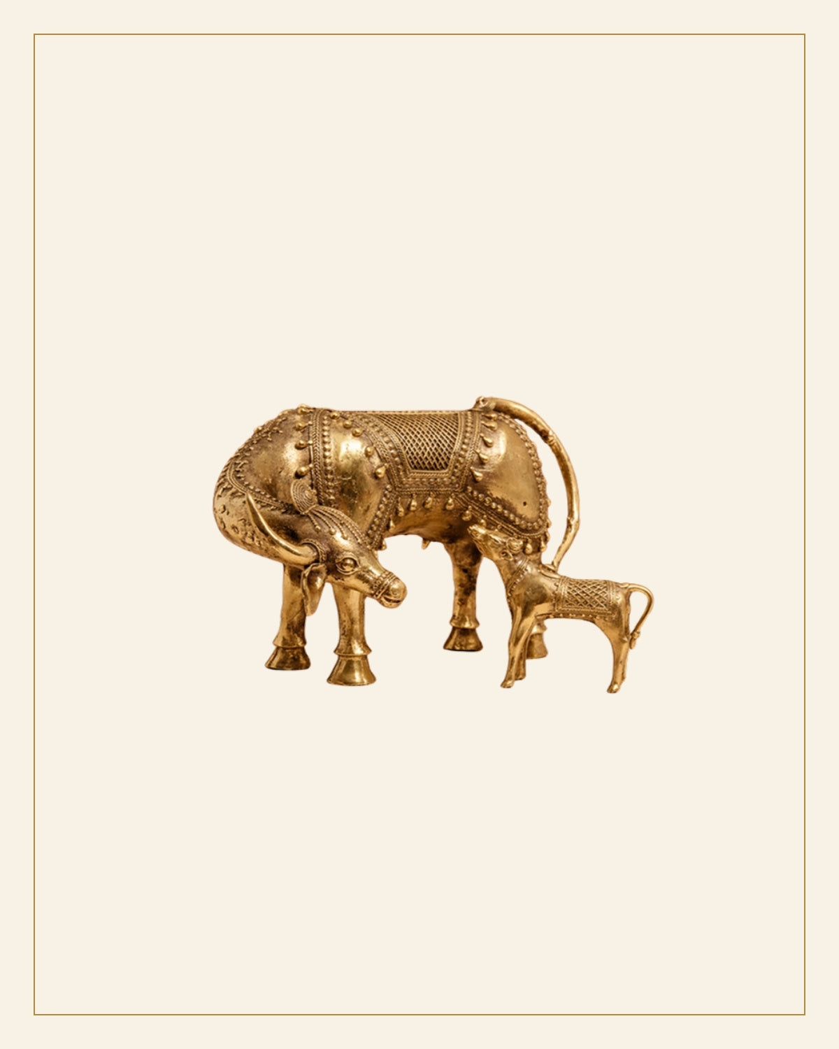 Handcrafted Brass Cow and Calf Sculpture – Traditional Bhareva Bell Metal Figurine — Saptadhārā