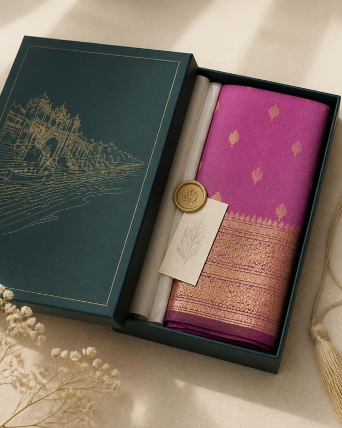 Jamuni Chanderi Silk & Cotton Saree — in the Saptadhārā Narmada box