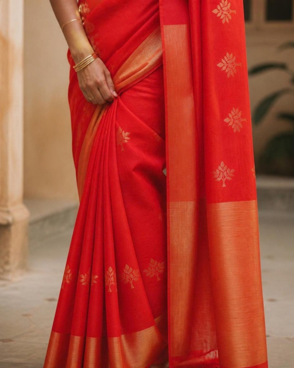 Styled image: Sindoori Chanderi Silk & Cotton Saree, border and pleats
