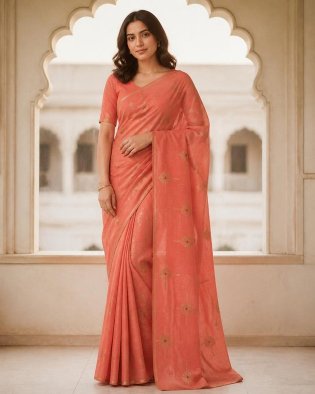 Styled image: model wearing the Gulabi Chanderi Silk & Cotton Saree