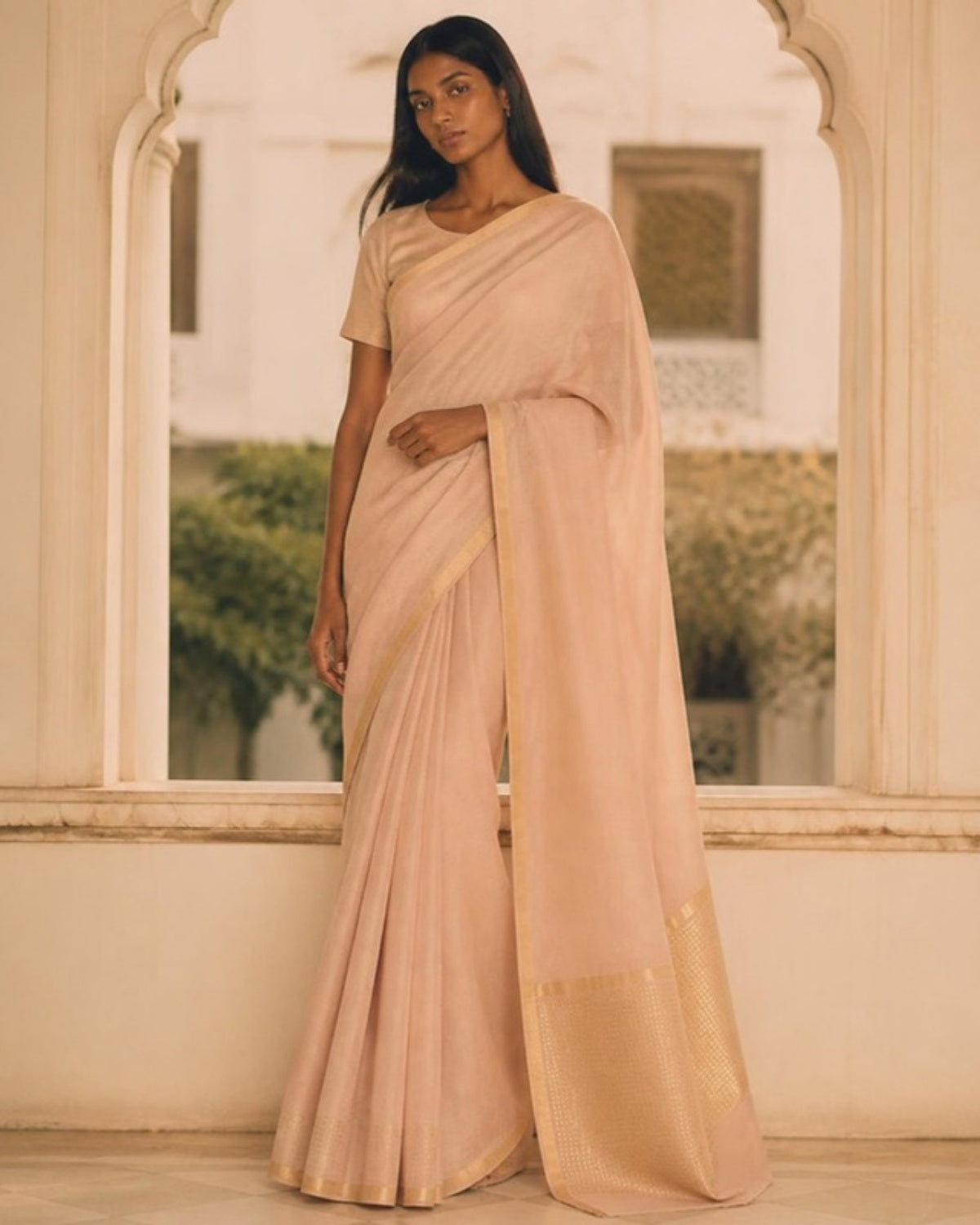 Styled image: model wearing the Reti Chanderi Tissue Saree