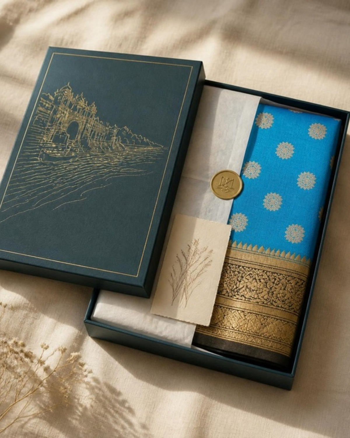 Neel Chanderi Silk & Cotton Saree — in the Saptadhārā Narmada box