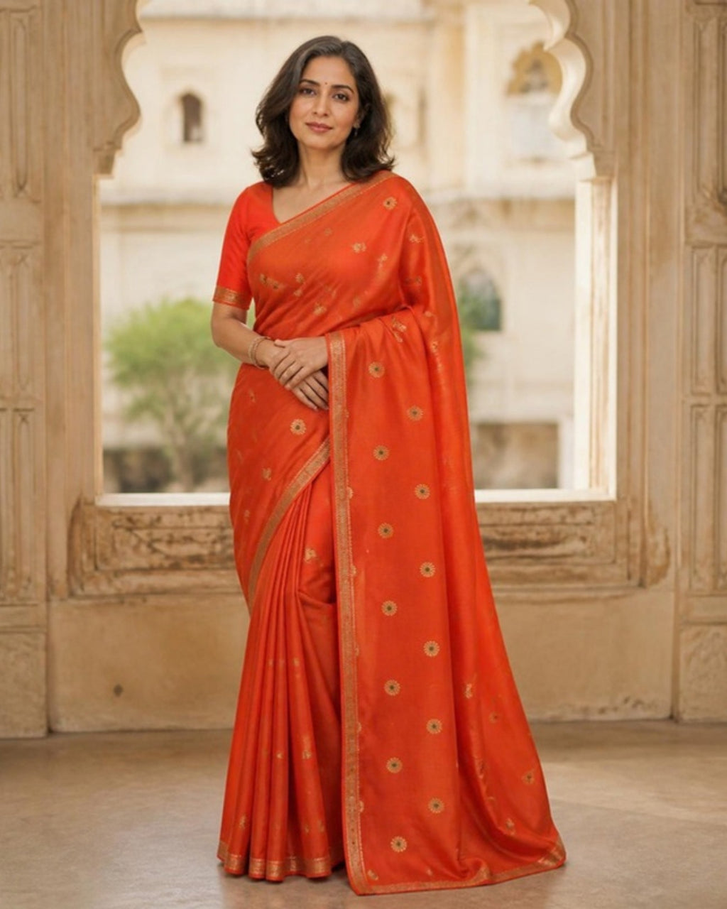 Styled image: model wearing the Sindoori Chanderi Silk Saree