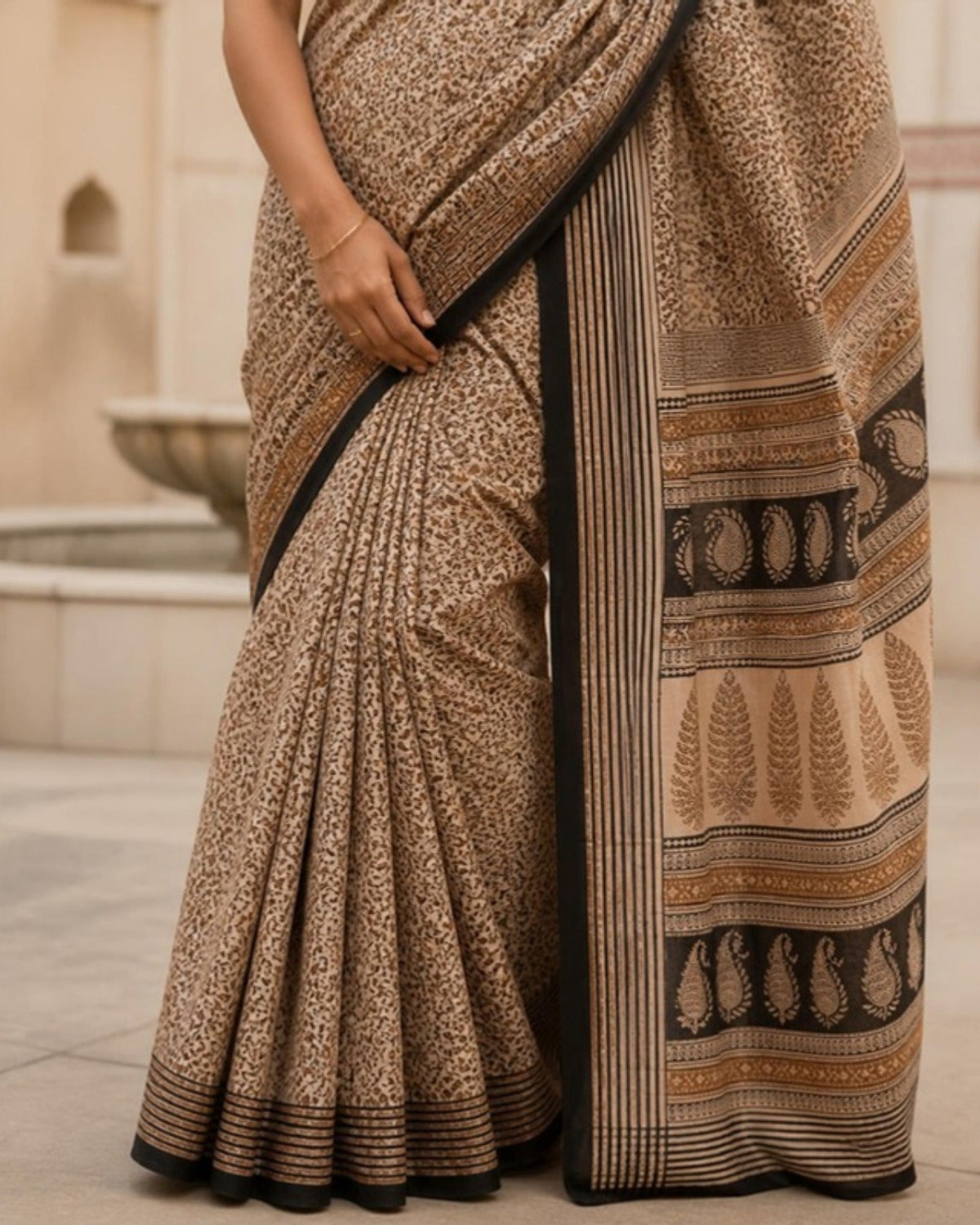 Styled image: Shyam Bagh Print Cotton Saree, border and pleats
