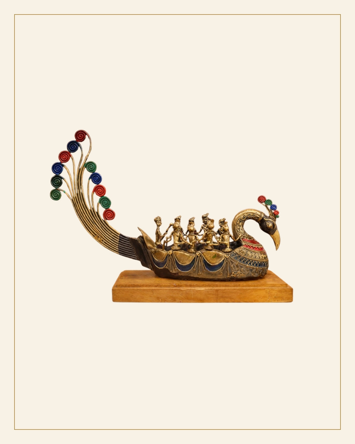 Handcrafted Brass Pushpak Viman showpiece on Natural Wood Base – Mythological Heritage Artefact — Saptadhārā