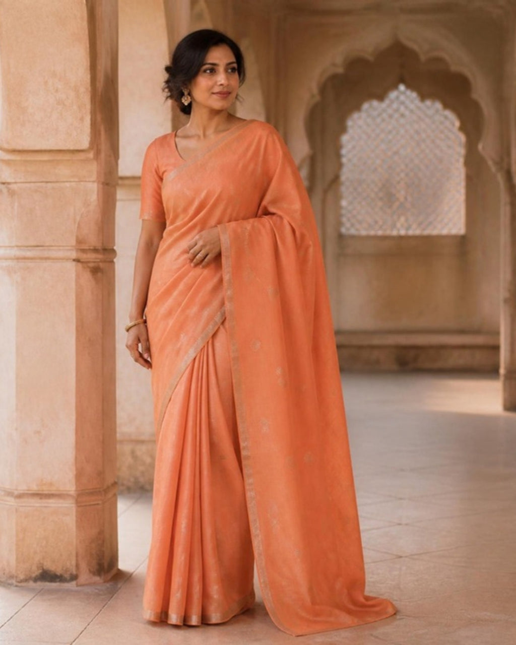 Styled image: model wearing the Gulabi Chanderi Silk & Cotton Saree