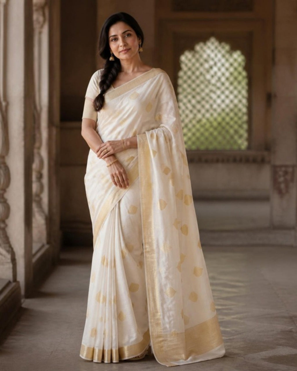 Styled image: model wearing the Chandni Chanderi Pattu Silk Saree