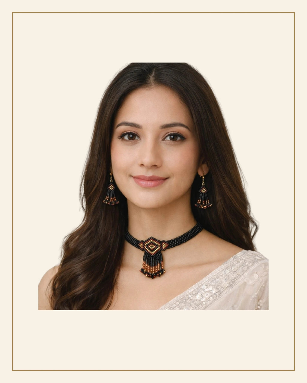 Handcrafted Geometric Beaded Choker Necklace Set with Earrings — Saptadhārā