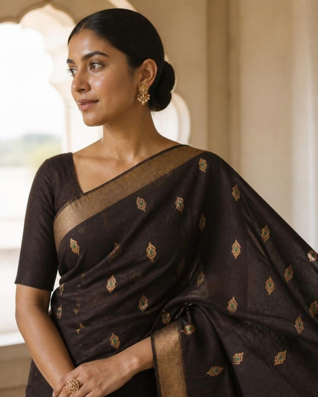 Styled image: Shyam Chanderi Silk & Cotton Saree with Meena Butis, pallu view