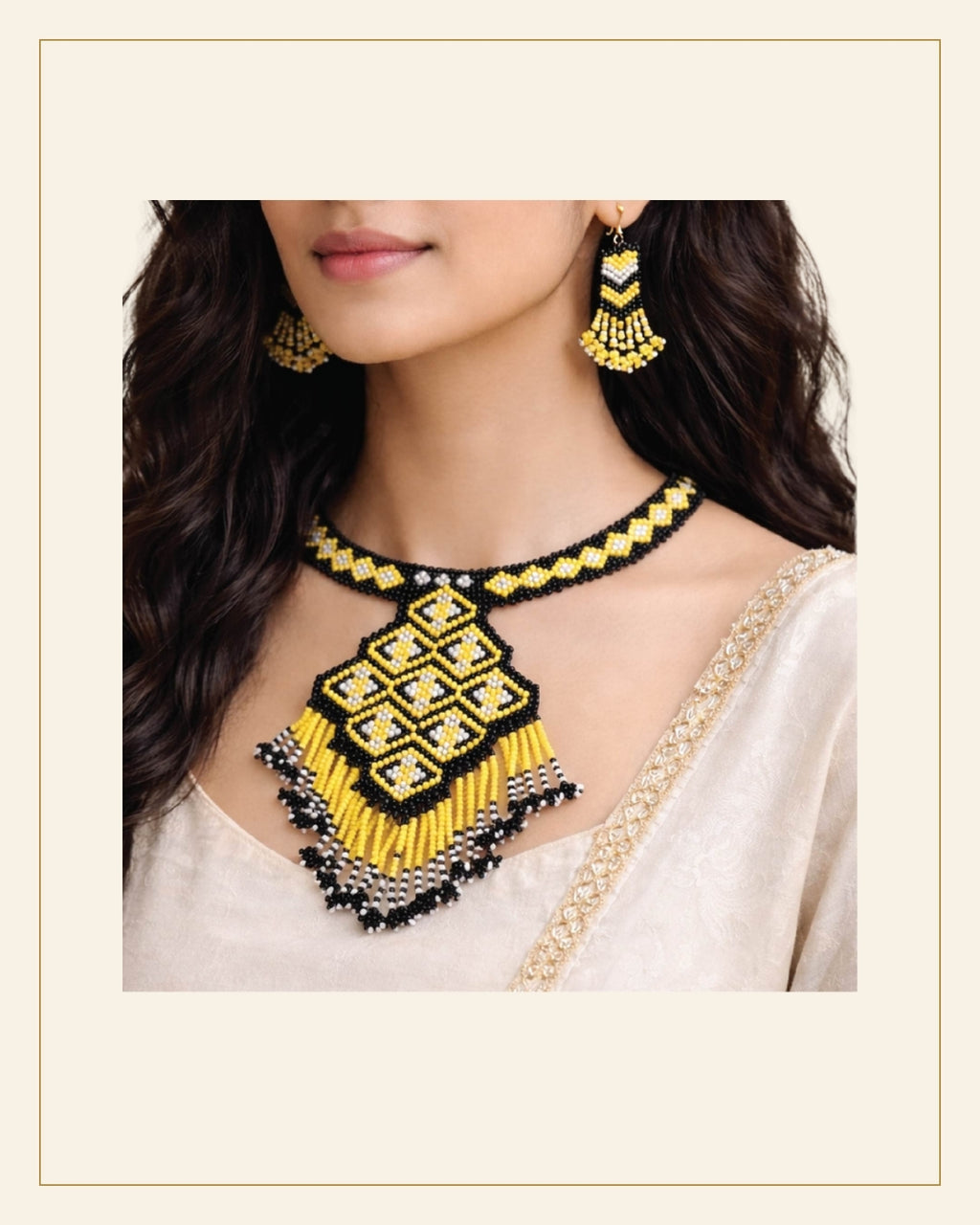 Handcrafted Geometric Beadwork Choker Necklace Set with Earrings — Saptadhārā