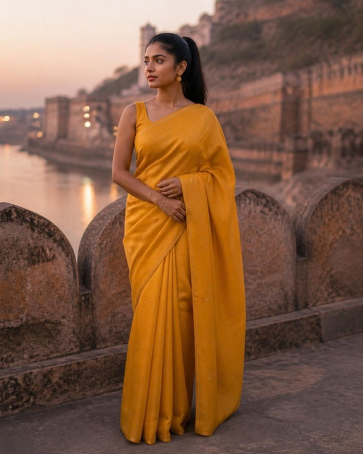 Styled image: model wearing the Haldi Chanderi Silk & Cotton Saree