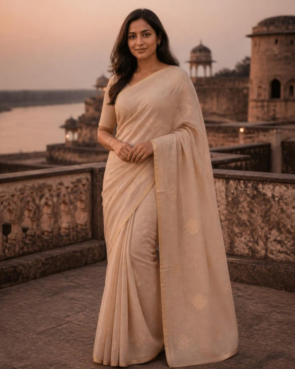 Styled image: model wearing the Reti Chanderi Silk & Cotton Saree with Meena Butis
