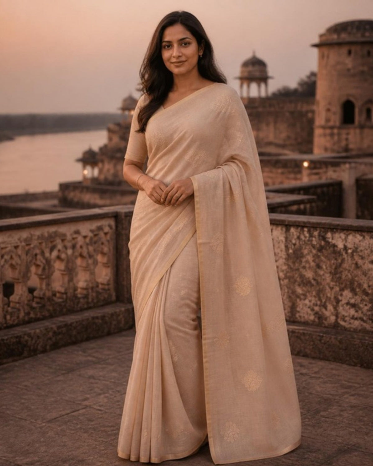 Styled image: model wearing the Reti Chanderi Silk & Cotton Saree with Meena Butis