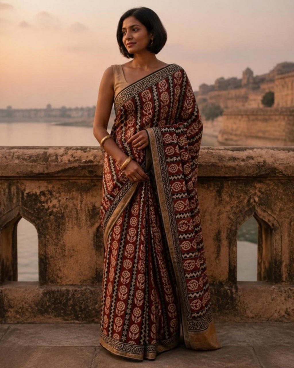 Styled image: model wearing the Sindoori Bagh Print Silk & Cotton Saree