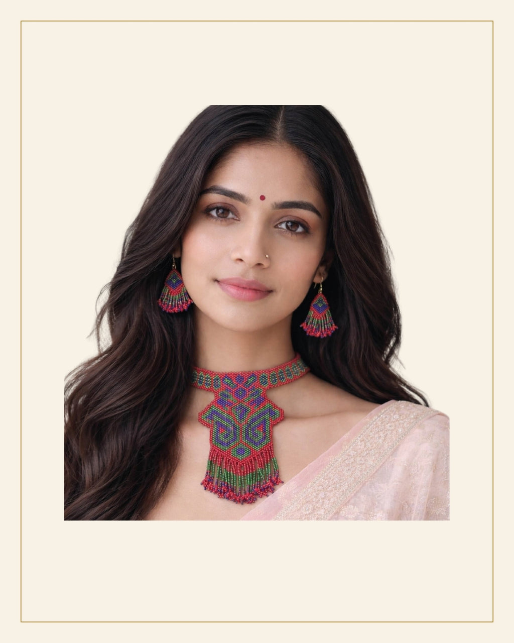 Handcrafted Geometric Beadwork Choker Necklace Set with Earrings — Saptadhārā