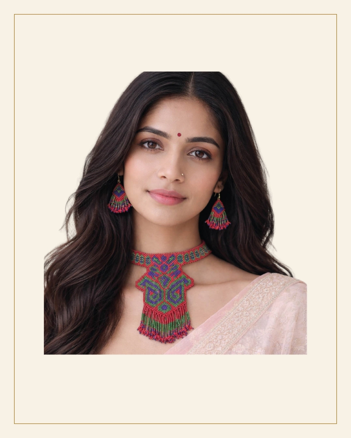 Handcrafted Geometric Beadwork Choker Necklace Set with Earrings — Saptadhārā