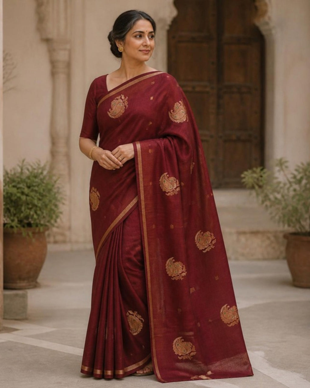 Styled image: model wearing the Kattha Chanderi Silk & Cotton Saree with Meena Butis