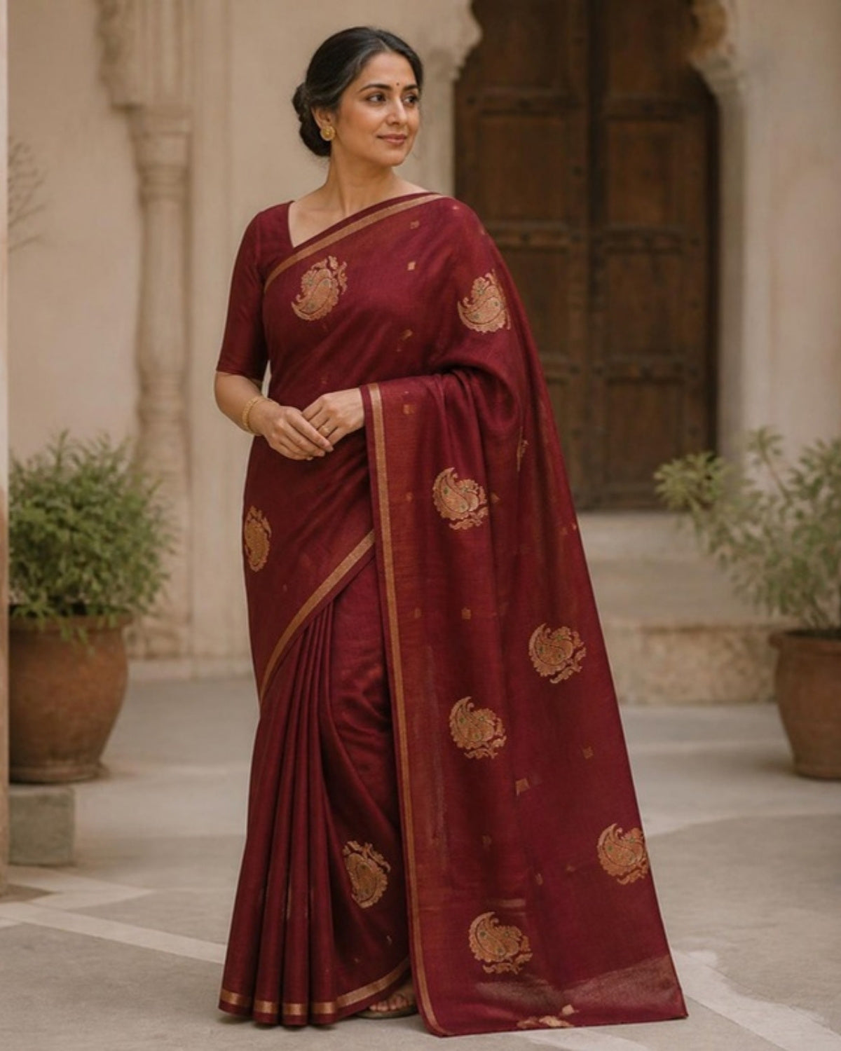 Styled image: model wearing the Kattha Chanderi Silk & Cotton Saree with Meena Butis