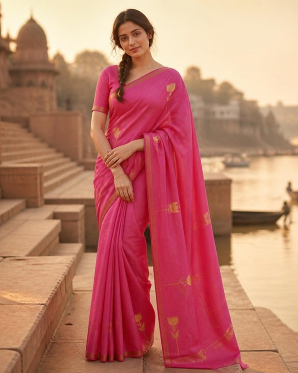 Styled image: model wearing the Gulabi Chanderi Silk & Cotton Saree