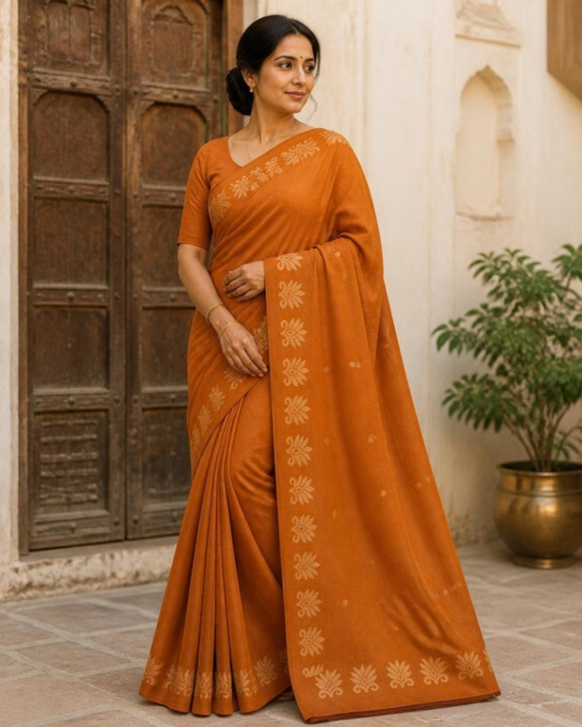 Styled image: model wearing the Haldi Chanderi Silk & Cotton Saree