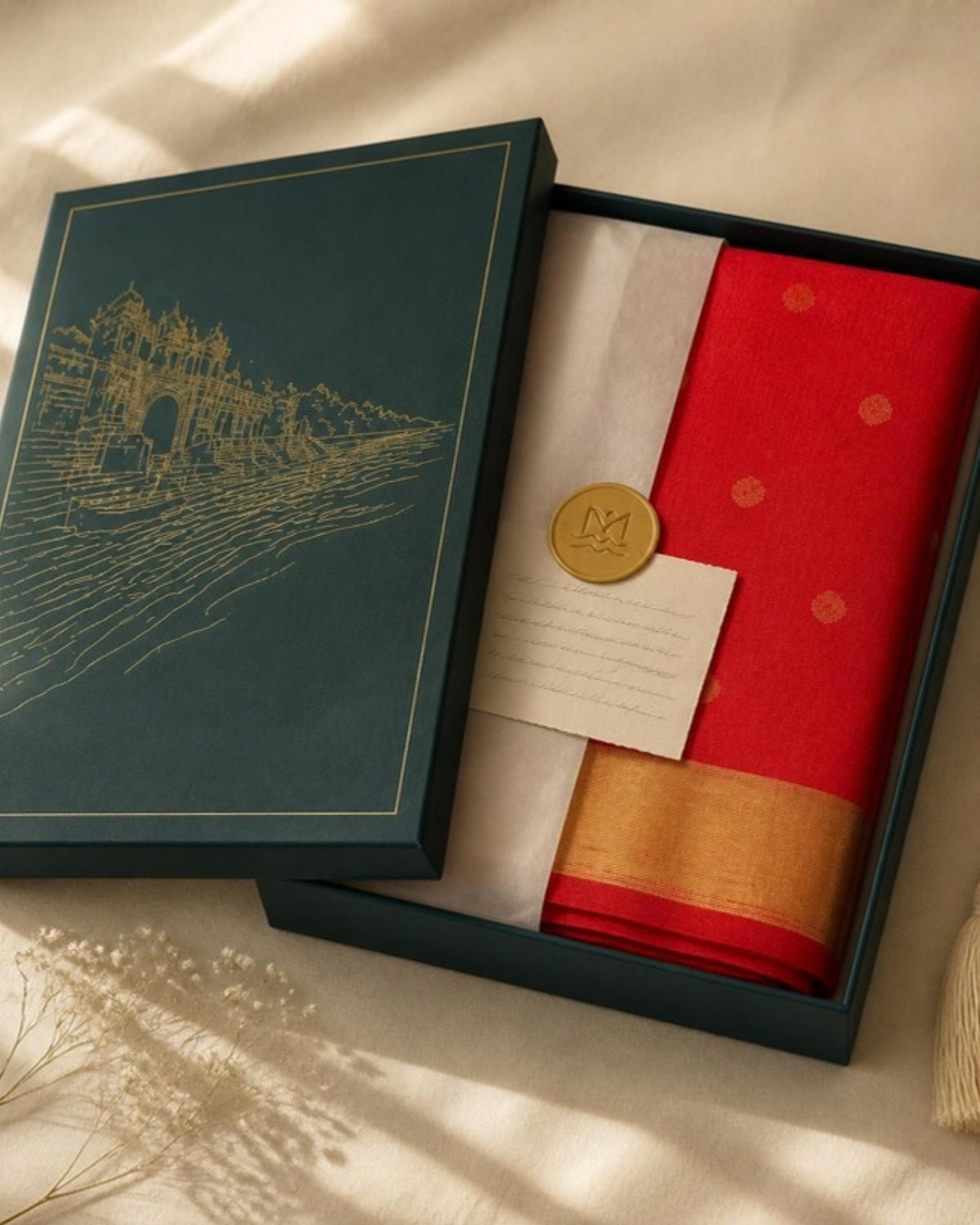 Sindoori Chanderi Silk & Cotton Saree — in the Saptadhārā Narmada box