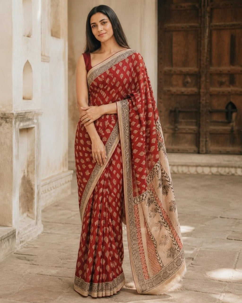 Styled image: model wearing the Shyam Bagh Print Silk & Cotton Saree