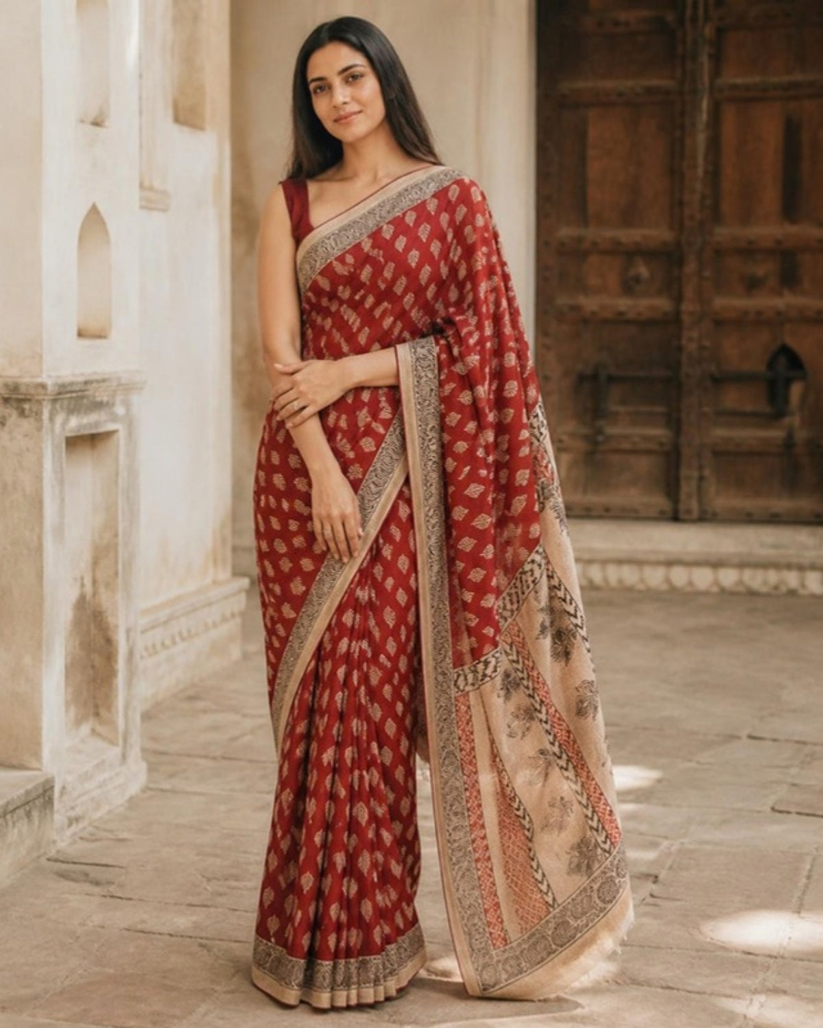 Styled image: model wearing the Shyam Bagh Print Silk & Cotton Saree