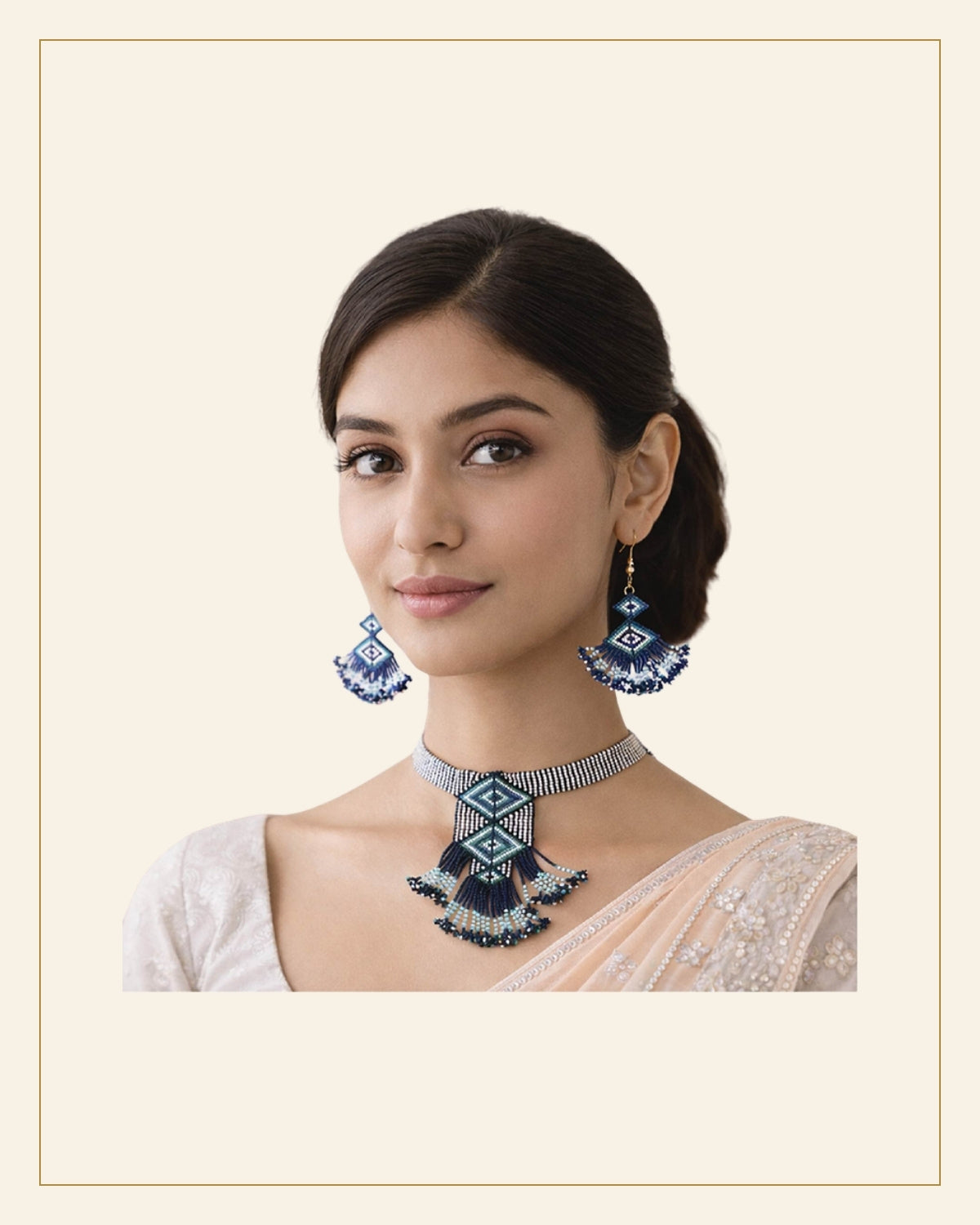 Handcrafted Geometric Beadwork Choker Necklace Set with Earrings — Saptadhārā