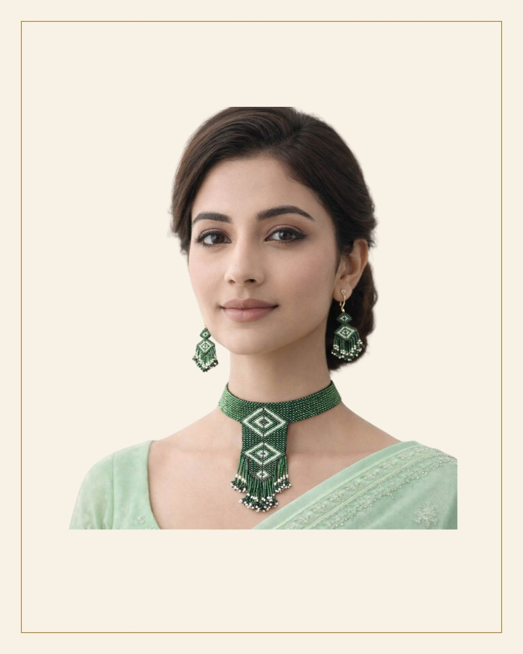 Handcrafted Geometric Beadwork Choker Necklace Set with Earrings — Saptadhārā