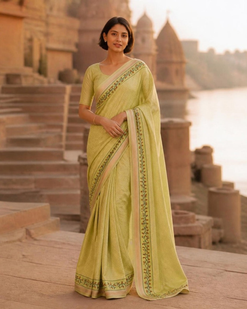 Styled image: model wearing the Dhani Gond Art Saree with Gond Motifs