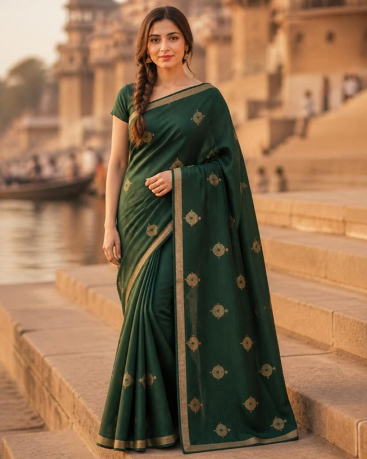 Styled image: model wearing the Dhani Chanderi Silk & Cotton Saree with Meena Butis