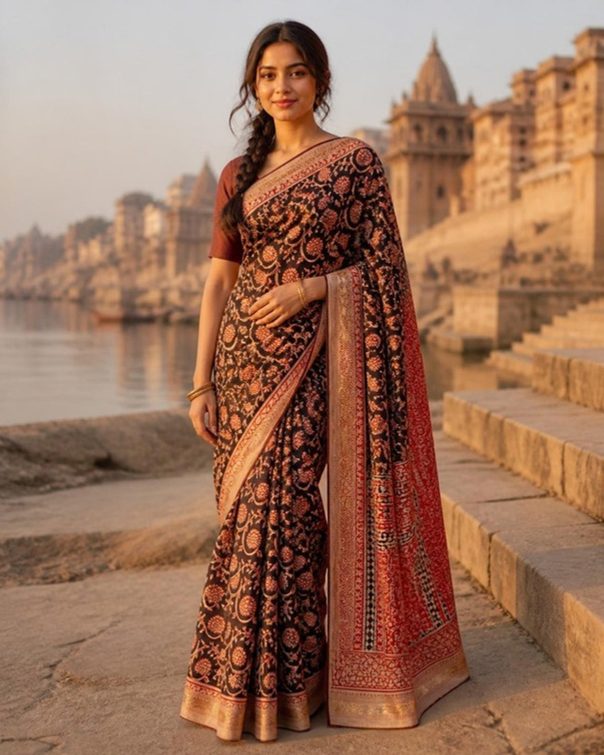 Styled image: model wearing the Shyam Bagh Print Silk & Cotton Saree