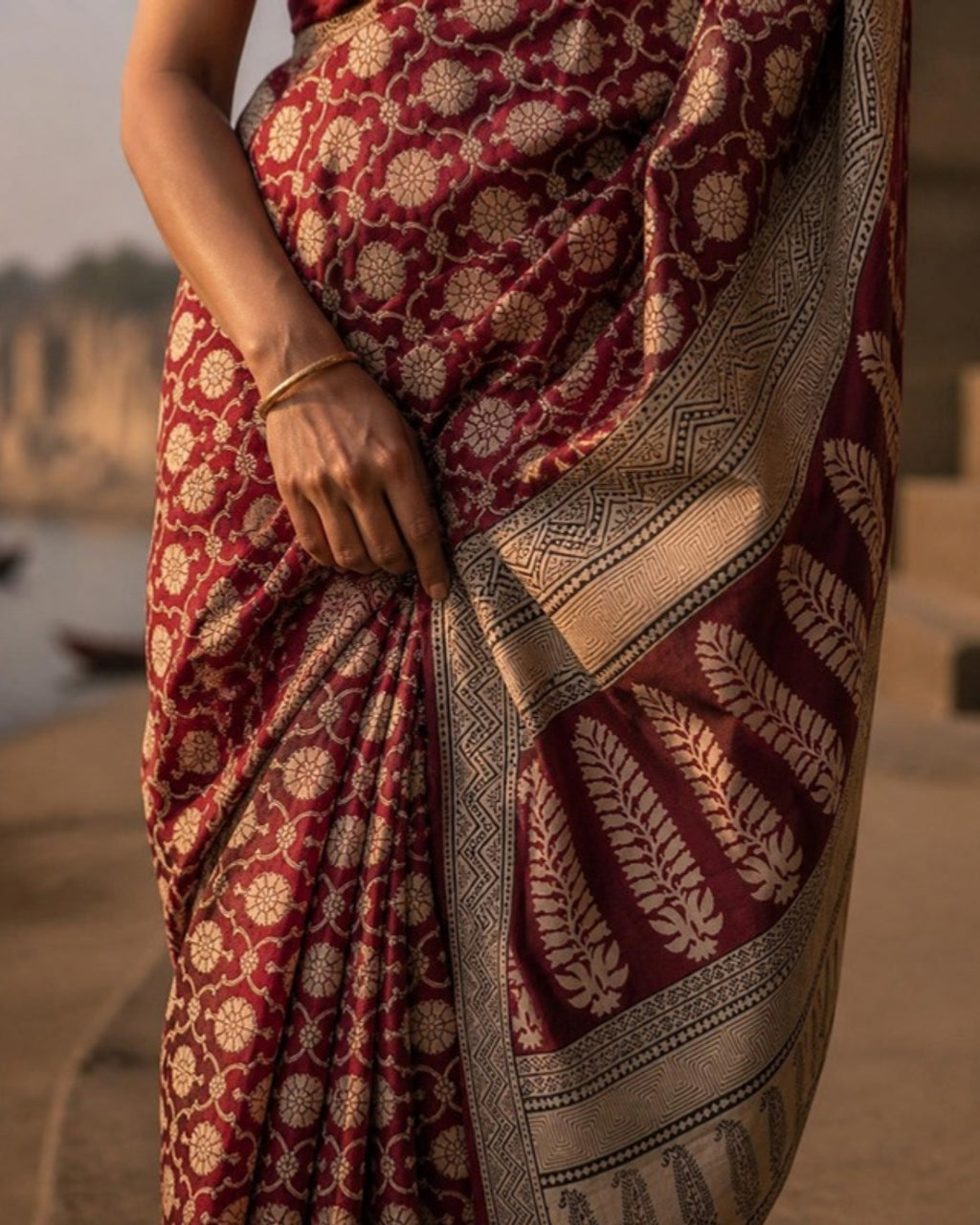 Styled image: Kattha Bagh Print Cotton Saree, border and pleats