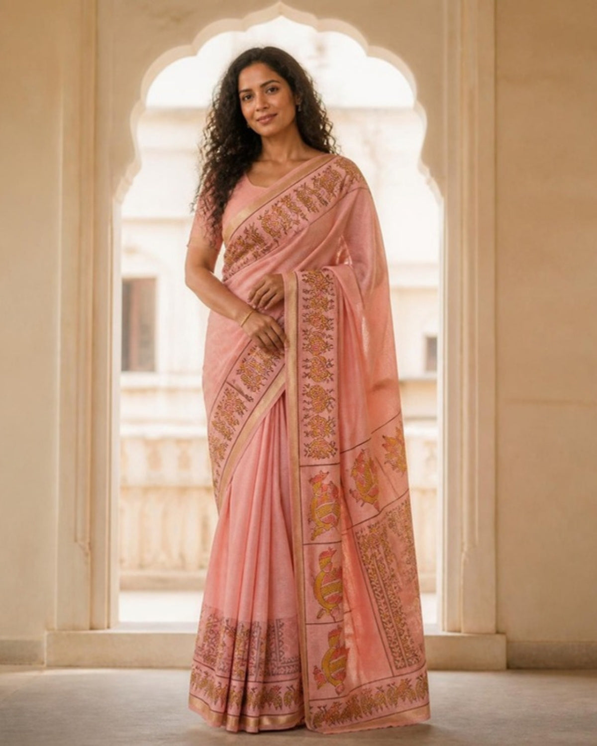 Styled image: model wearing the Gulabi Gond Art Saree with Gond Motifs
