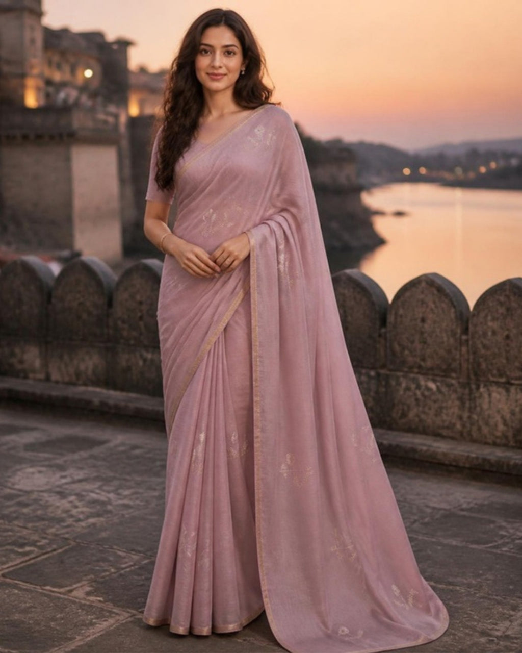 Styled image: model wearing the Handloom Chanderi Silk Cotton Saree