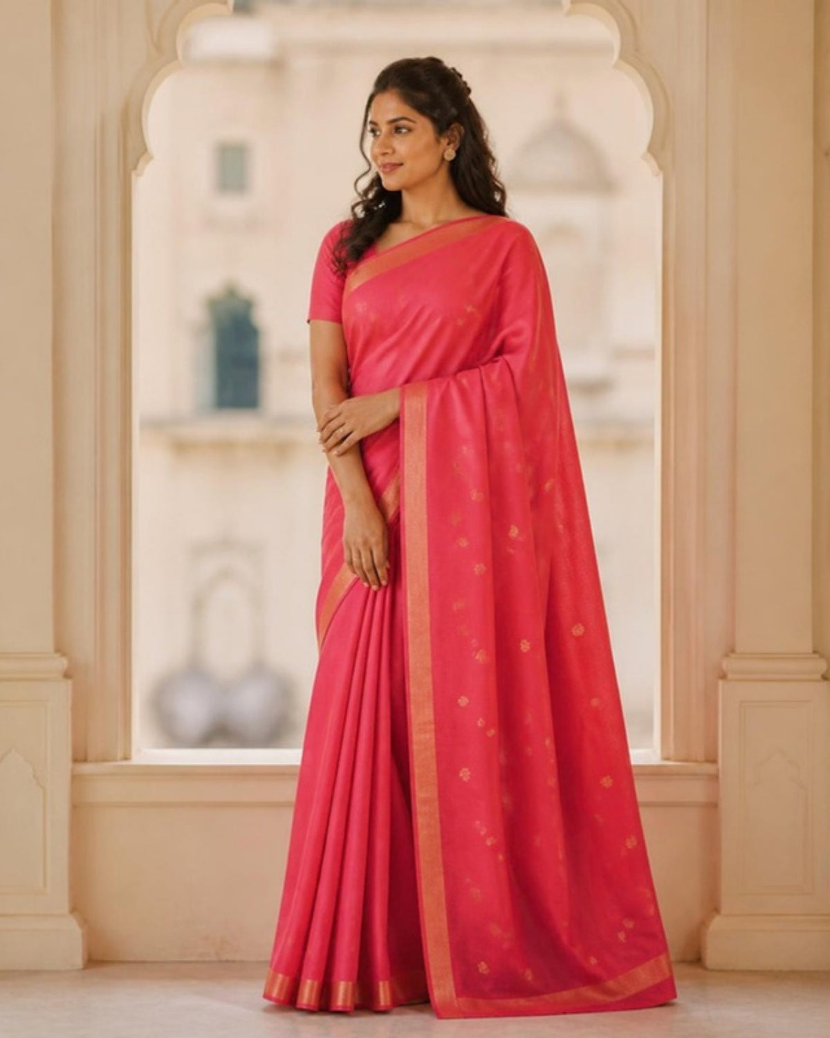 Styled image: model wearing the Sindoori Chanderi Silk Saree
