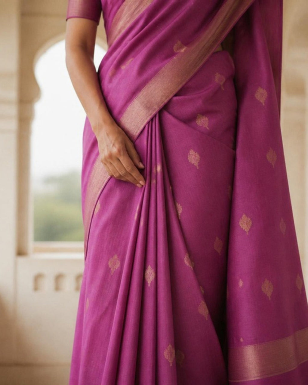 Styled image: Jamuni Chanderi Silk & Cotton Saree, border and pleats