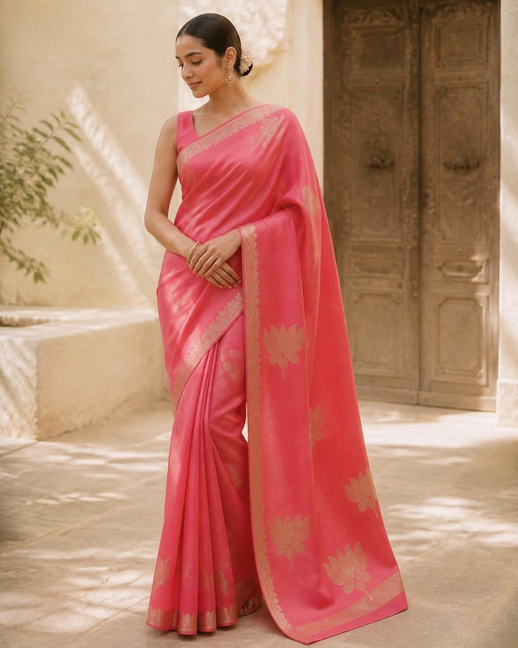 Styled image: model wearing the Gulabi Chanderi Silk & Cotton Saree