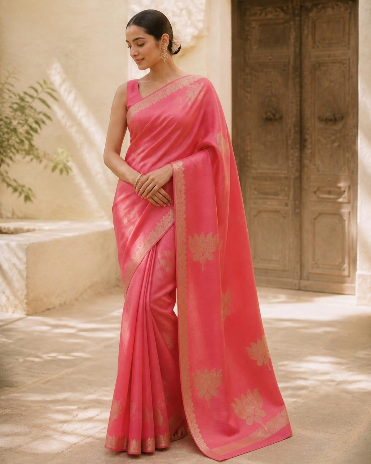 Styled image: model wearing the Gulabi Chanderi Silk & Cotton Saree
