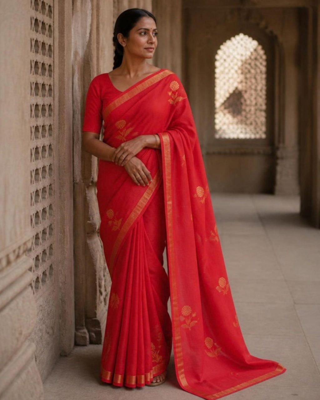 Styled image: model wearing the Handloom Chanderi Silk Cotton Saree